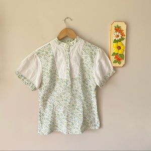 Vintage Floral High Neck Button Up White Blue Green Top